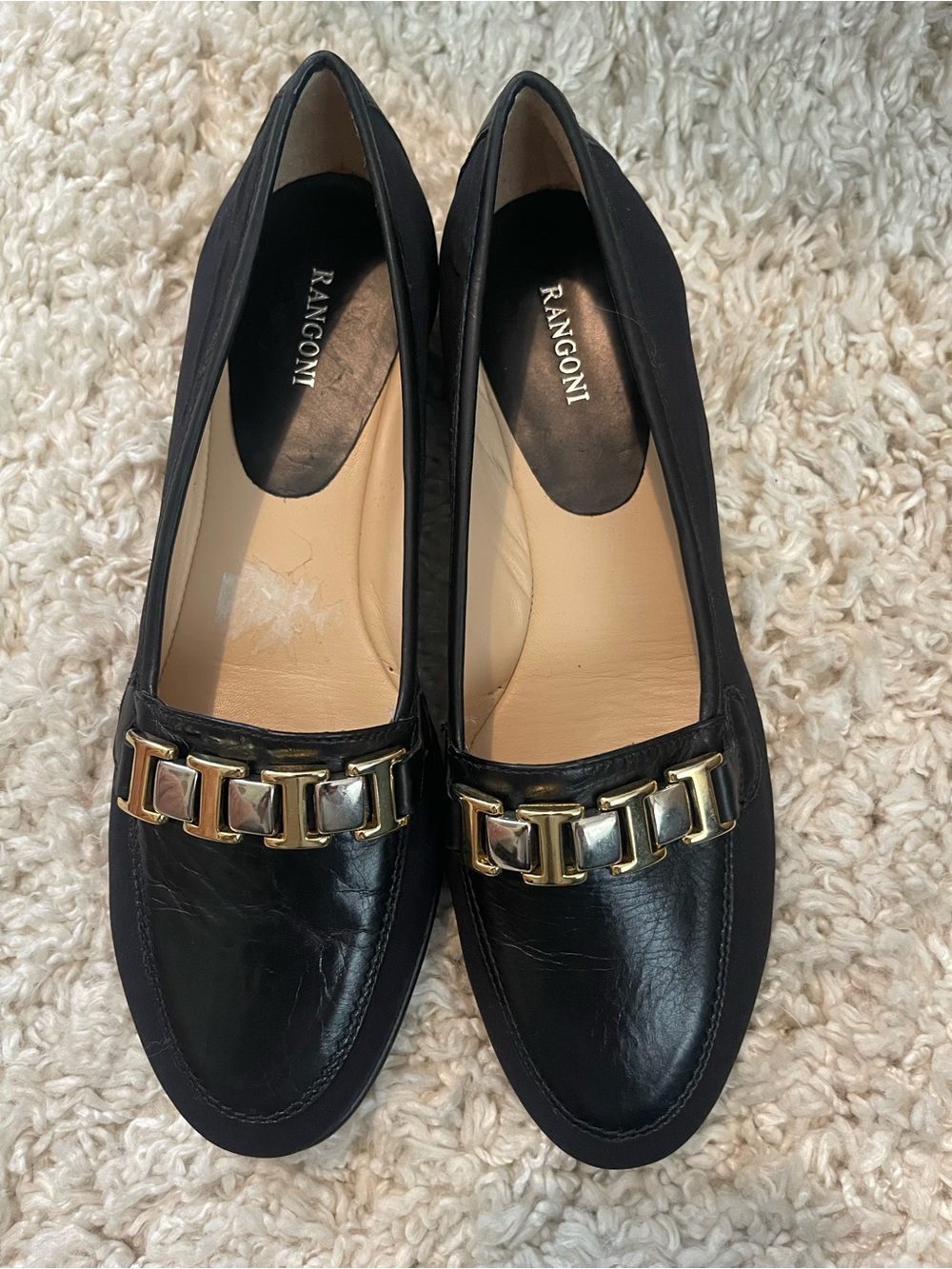 Rangoni Black Leather Loafers Gold & Silver Hardware Size 8B